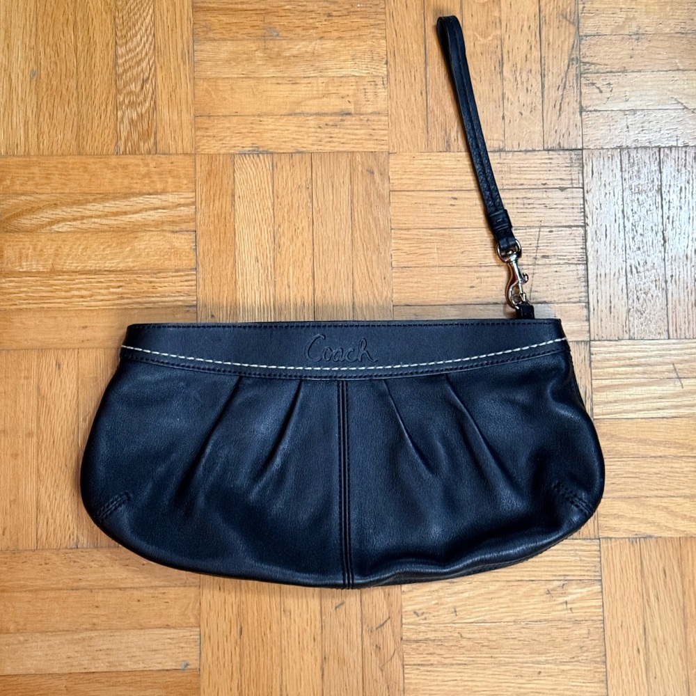 Coach Black Leather Pleated Wristlet Clutch